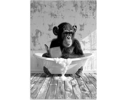 Poster 60x90 cm - Vintage - Aap - Badkuip - Schuim - Dier - Posters - Wanddecoratie badkamer - Muurdecoratie WC - Decoratieve accessoires - Toilet muur decoratie