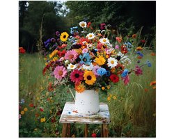 Poster 75x75 cm - Bloemen - Krukje - Gieter - Veld - Posters - Kamer decoratie - Wanddecoratie woonkamer - Muurdecoratie slaapkamer