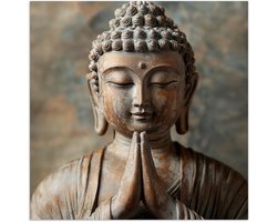 Poster 75x75 cm - Boedha - Beeld - Bruin - Rust - Posters - Kamer decoratie - Wanddecoratie woonkamer - Muurdecoratie slaapkamer