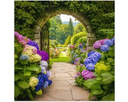 Poster 75x75 cm - Doorkijk - Poort - Hortensia - Bloementuin - Posters - Kamer decoratie - Wanddecoratie woonkamer - Muurdecoratie slaapkamer