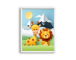Poster Giraf en leeuw met berg en zonnetje midden - dieren van papier / Jungle / Safari / Dieren Poster / Babykamer - Kinderposter 40x30cm