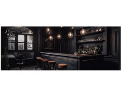 Poster Glanzend – Bar - Krukken - Tafels - Stoelen - Planten - Drank - Flessen - Zwart - 120x40 cm Foto op Posterpapier met Glanzende Afwerking