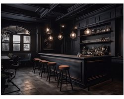 Poster Glanzend – Bar - Krukken - Tafels - Stoelen - Planten - Drank - Flessen - Zwart - 80x60 cm Foto op Posterpapier met Glanzende Afwerking