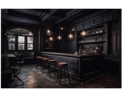 Poster Glanzend – Bar - Krukken - Tafels - Stoelen - Planten - Drank - Flessen - Zwart - 90x60 cm Foto op Posterpapier met Glanzende Afwerking