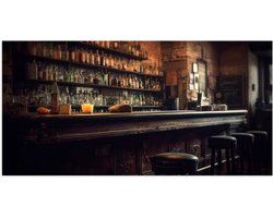 Poster Glanzend – Kroeg - Bar - Drank - Barkrukken - Flessen - 100x50 cm Foto op Posterpapier met Glanzende Afwerking