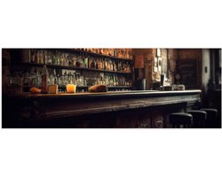 Poster Glanzend – Kroeg - Bar - Drank - Barkrukken - Flessen - 60x20 cm Foto op Posterpapier met Glanzende Afwerking