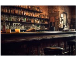 Poster Glanzend – Kroeg - Bar - Drank - Barkrukken - Flessen - 75x50 cm Foto op Posterpapier met Glanzende Afwerking