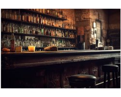Poster Glanzend – Kroeg - Bar - Drank - Barkrukken - Flessen - 90x60 cm Foto op Posterpapier met Glanzende Afwerking