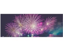 Poster Glanzend – Paars Gekleurd Vuurwerk boven Gebouwen in de Stad - 90x30 cm Foto op Posterpapier met Glanzende Afwerking