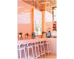 Poster Glanzend – Rij Witte Krukken in Hip Cafeetje - 60x90 cm Foto op Posterpapier met Glanzende Afwerking