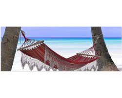 Poster Glanzend – Rode Ibiza Hangmat op Tropisch Strand - 120x40 cm Foto op Posterpapier met Glanzende Afwerking