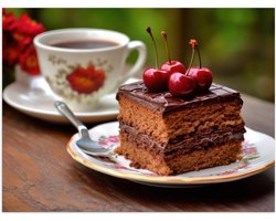 Poster Glanzend – Taart - Thee - Kersen - Bordjes - Lepel - 40x30 cm Foto op Posterpapier met Glanzende Afwerking