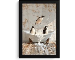 Poster in lijst - Fotolijst 20x30 cm - Posters - Vintage - Pinguïn - Badkuip - Schuim - Posterlijst zwart - Wanddecoratie badkamer - Muurdecoratie WC - Decoratieve accessoires - Toilet muur decoratie