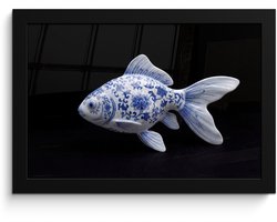 Poster in lijst - Fotolijst 30x20 cm - Posters - Porselein - Goudvis - Delfts - Blauw - Posterlijst zwart - Decoratie - Wanddecoratie woonkamer - Muurdecoratie slaapkamer