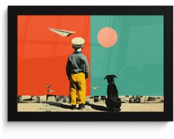 Poster in lijst - Fotolijst 30x20 cm - Posters - Retro - Jongen - Hond - Rood - Groen - Posterlijst zwart - Decoratie - Wanddecoratie woonkamer - Muurdecoratie slaapkamer