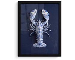 Poster in lijst - Fotolijst 30x40 cm - Posters - Kreeft - Porselein - Delfts - Blauw - Posterlijst zwart - Decoratie - Wanddecoratie woonkamer - Muurdecoratie slaapkamer