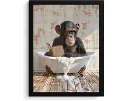 Poster in lijst - Fotolijst 30x40 cm - Posters - Vintage - Aap - Badkuip - Schuim - Dier - Posterlijst zwart - Wanddecoratie badkamer - Muurdecoratie WC - Decoratieve accessoires - Toilet muur decoratie
