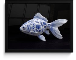 Poster in lijst - Fotolijst 40x30 cm - Posters - Porselein - Goudvis - Delfts - Blauw - Posterlijst zwart - Decoratie - Wanddecoratie woonkamer - Muurdecoratie slaapkamer