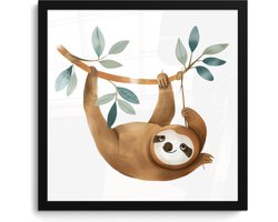 Poster in lijst - Fotolijst 40x40 cm - Posters - Luiaard - Dier - Jungle dieren - Posterlijst zwart - Kamer decoratie - Wanddecoratie kinderkamer - Muurdecoratie babykamer