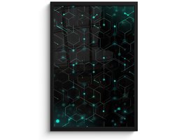 Poster in lijst - Fotolijst 40x60 cm - Posters - Gaming - Netwerk - Blauw - Punten - Patroon - Posterlijst zwart - Decoratie - Wanddecoratie woonkamer - Muurdecoratie slaapkamer