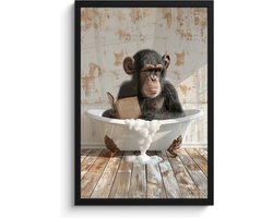 Poster in lijst - Fotolijst 40x60 cm - Posters - Vintage - Aap - Badkuip - Schuim - Dier - Posterlijst zwart - Wanddecoratie badkamer - Muurdecoratie WC - Decoratieve accessoires - Toilet muur decoratie