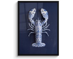 Poster in lijst - Fotolijst 50x70 cm - Posters - Kreeft - Porselein - Delfts - Blauw - Posterlijst zwart - Decoratie - Wanddecoratie woonkamer - Muurdecoratie slaapkamer