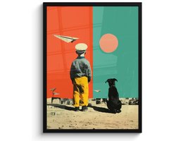 Poster in lijst - Fotolijst 50x70 cm - Posters - Retro - Jongen - Hond - Rood - Groen - Posterlijst zwart - Decoratie - Wanddecoratie woonkamer - Muurdecoratie slaapkamer