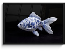 Poster in lijst - Fotolijst 60x40 cm - Posters - Porselein - Goudvis - Delfts - Blauw - Posterlijst zwart - Decoratie - Wanddecoratie woonkamer - Muurdecoratie slaapkamer