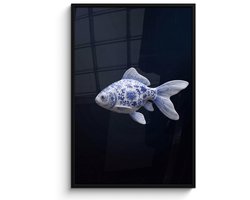 Poster in lijst - Fotolijst 80x120 cm - Posters - Porselein - Goudvis - Delfts - Blauw - Posterlijst zwart - Decoratie - Wanddecoratie woonkamer - Muurdecoratie slaapkamer