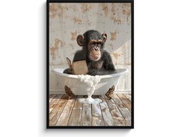 Poster in lijst - Fotolijst 80x120 cm - Posters - Vintage - Aap - Badkuip - Schuim - Dier - Posterlijst zwart - Wanddecoratie badkamer - Muurdecoratie WC - Decoratieve accessoires - Toilet muur decoratie