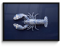 Poster in lijst - Fotolijst 90x60 cm - Posters - Kreeft - Porselein - Delfts - Blauw - Posterlijst zwart - Decoratie - Wanddecoratie woonkamer - Muurdecoratie slaapkamer