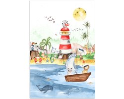 Poster kinderen - Wanddecoratie jongens - Strand - Dieren - Kinderen - Vuurtoren - Poster kinderkamer - 60x90 cm - Decoratie kinderkamers - Kinderkamer decoratie - Poster Babykamer