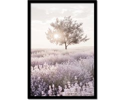 Poster lavendelveld met boom - 70cm x 100cm - vintage - woonkamer - slaapkamer - bloemen posters - goedkoop - muurposter - natuur - wanddecoratie