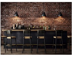 Poster (Mat) - Bar - Flessen - Drank - Krukken - Lampen - Hout - Kleuren - 100x75 cm Foto op Posterpapier met een Matte look