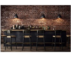 Poster (Mat) - Bar - Flessen - Drank - Krukken - Lampen - Hout - Kleuren - 75x50 cm Foto op Posterpapier met een Matte look