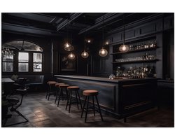 Poster (Mat) - Bar - Krukken - Tafels - Stoelen - Planten - Drank - Flessen - Zwart - 75x50 cm Foto op Posterpapier met een Matte look