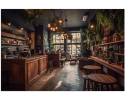 Poster (Mat) - Bar - Plantjes - Groen - Stoelen - 105x70 cm Foto op Posterpapier met een Matte look
