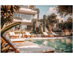 Poster (Mat) - Hotel - Zwembad - Luxe - Lounge - Tropisch - Planten - 90x60 cm Foto op Posterpapier met een Matte look