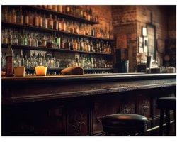 Poster (Mat) - Kroeg - Bar - Drank - Barkrukken - Flessen - 100x75 cm Foto op Posterpapier met een Matte look