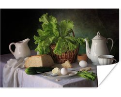 Poster Stilleven - Eten - Theepot - Kaas - Kan - Sla - Eieren - 90x60 cm