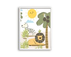 Postercity - Poster Blije Jungle Dieren Leeuw Zebra Papagaai midden - Jungle / Safari Poster - Kinderkamer / Babykamer  - 80x60cm