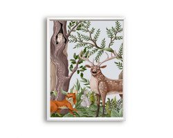 Postercity - Poster Vos Konijn Uil Eland in het Bos aquarel / waterkleur handgetekend midden - Bos Dieren Poster - Kinderkamer / Babykamer - 30x21cm / A4