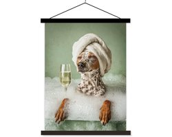 Posterhanger incl. Poster 120x160 cm - Schoolplaat - Hond - Bad - Champagne - Handdoek - Textielposter - Zwarte latten