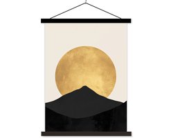 Posterhanger incl. Poster 40x53 cm - Schoolplaat - Bergsilhouetten - Gouden cirkel - Beige - Textielposter - Zwarte latten