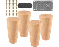Poten, 10CM Rond Houten Meubelpoten Tafelvoet van Eiken | Stevig Hout Kastpoten Vervanging met Stille Rubberen Pads, Montageplaten en Schroeven, voor Meubelvoeten, Dressoir, Bank