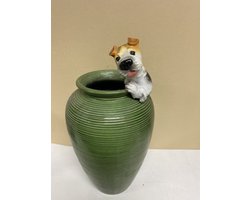Pothanger hond - polyresin - wit+bruin - hoogte11x6x5cm - voor binnen of buiten - Woonaccessoires