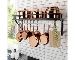 Potten- en pannenrek, aan de wand gemonteerd, hangend keukenrek, opbergrek, wandplank met 12 haken, matzwart, 76 cm, KUR215S75A-BK