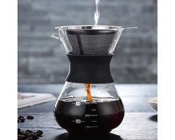 Pour Over Koffiepot met Permanent RVS koffiefilter - Slow Coffee Maker Kit - Glazen Cafetière - Koffekan Drip Gieter - Dripper Koffiemaker - Handmatig Filterkoffie koffiezetapparaat met Herbruikbaar Koffie Filter - Koffiefilterhouder V60 set - 500 ML