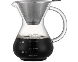Pour Over Koffiepot met Permanent RVS koffiefilter - Slow Coffee Maker Kit - Glazen Cafetière - Koffekan Drip Gieter - Dripper Koffiemaker - Handmatig Filterkoffie koffiezetapparaat met Herbruikbaar Koffie Filter - Koffiefilterhouder V60 set - 500 ML