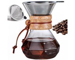 Pour Over Koffiepot met Permanent RVS koffiefilter - Slow Coffee Maker Kit - Glazen Cafetière - Koffekan Drip Gieter - Dripper Koffiemaker - Handmatig Filterkoffie koffiezetapparaat met Herbruikbaar Koffie Filter - Koffiefilterhouder V60 set - 400 ML